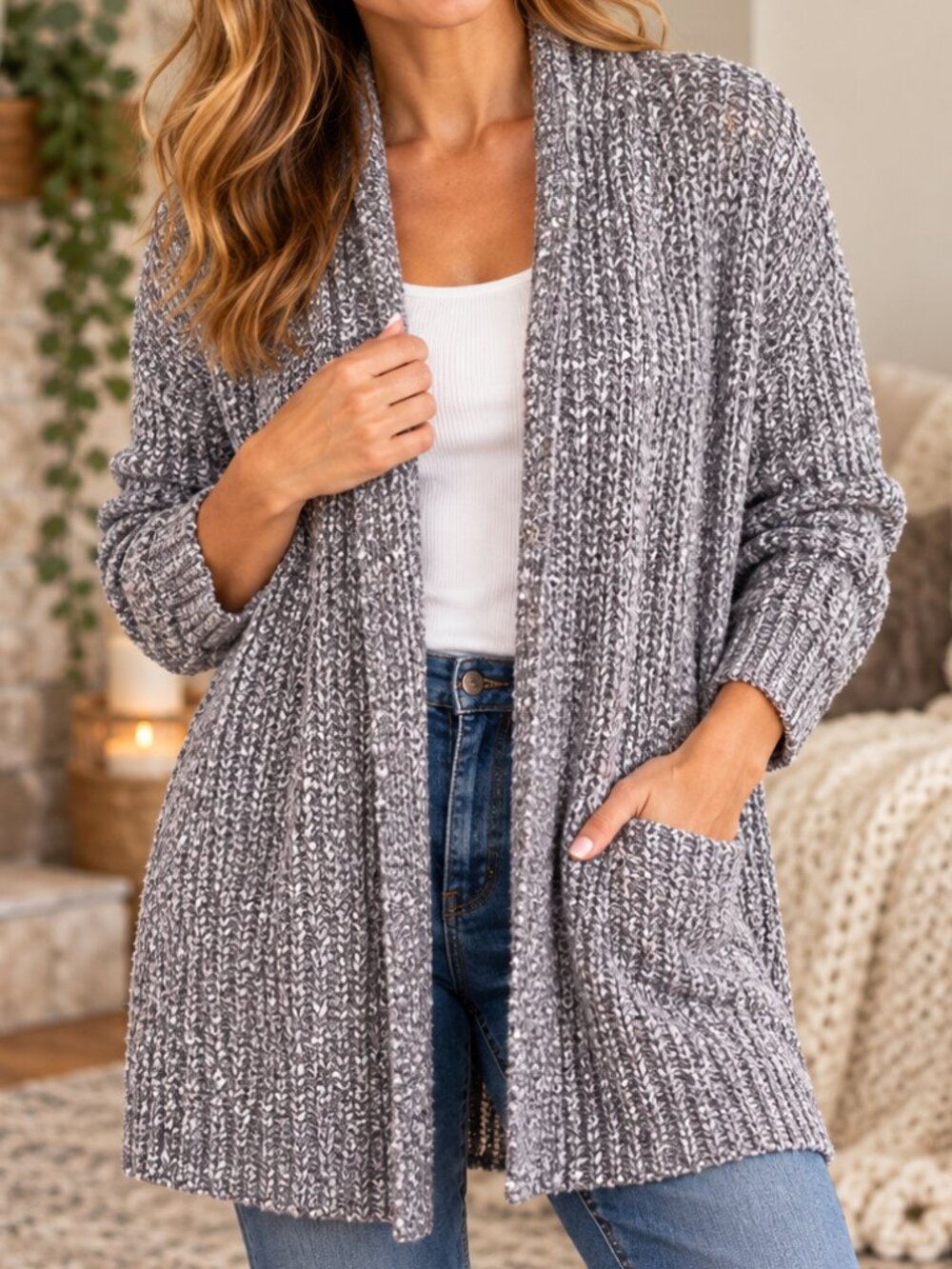 J. Jill Long Marbled Knit Grey Chunky Sweater Cardigan Warm Cozy Cabincore Large